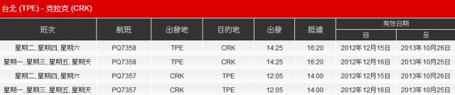 亞洲航空台北克拉克航班班表