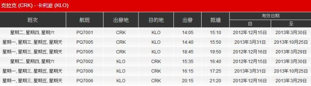 亞洲航空克拉克卡利波航班班表