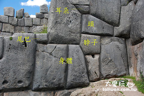 地基石牆上 Llama 圖案(用以感謝 Llama 對印加人的貢獻) 地基石牆上 Llama 圖案(用以感謝 Llama 對印加人的貢獻)