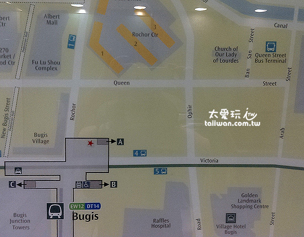 捷運MRT Bugis車站出口平面圖 捷運MRT Bugis車站出口平面圖